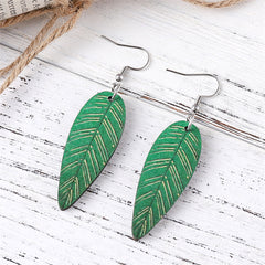 Green Wood & Silver-Plated Textured Leaf Drop Earrings