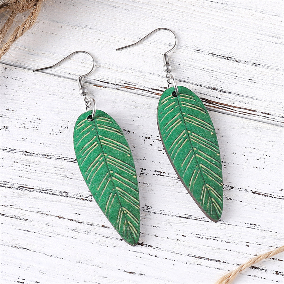 Green Wood & Silver-Plated Textured Leaf Drop Earrings