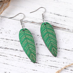 Green Wood & Silver-Plated Textured Leaf Drop Earrings