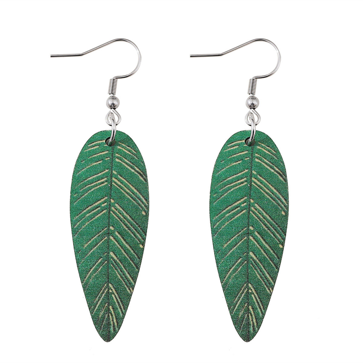 Green Wood & Silver-Plated Textured Leaf Drop Earrings