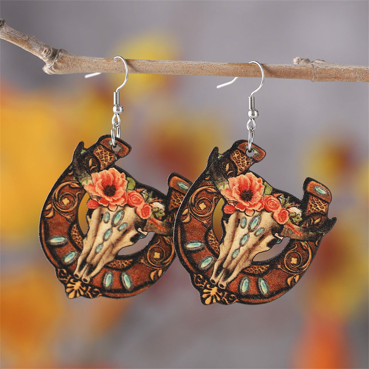 Orange & Brown Horseshoe & Floral Cow Skull Drop Earrings