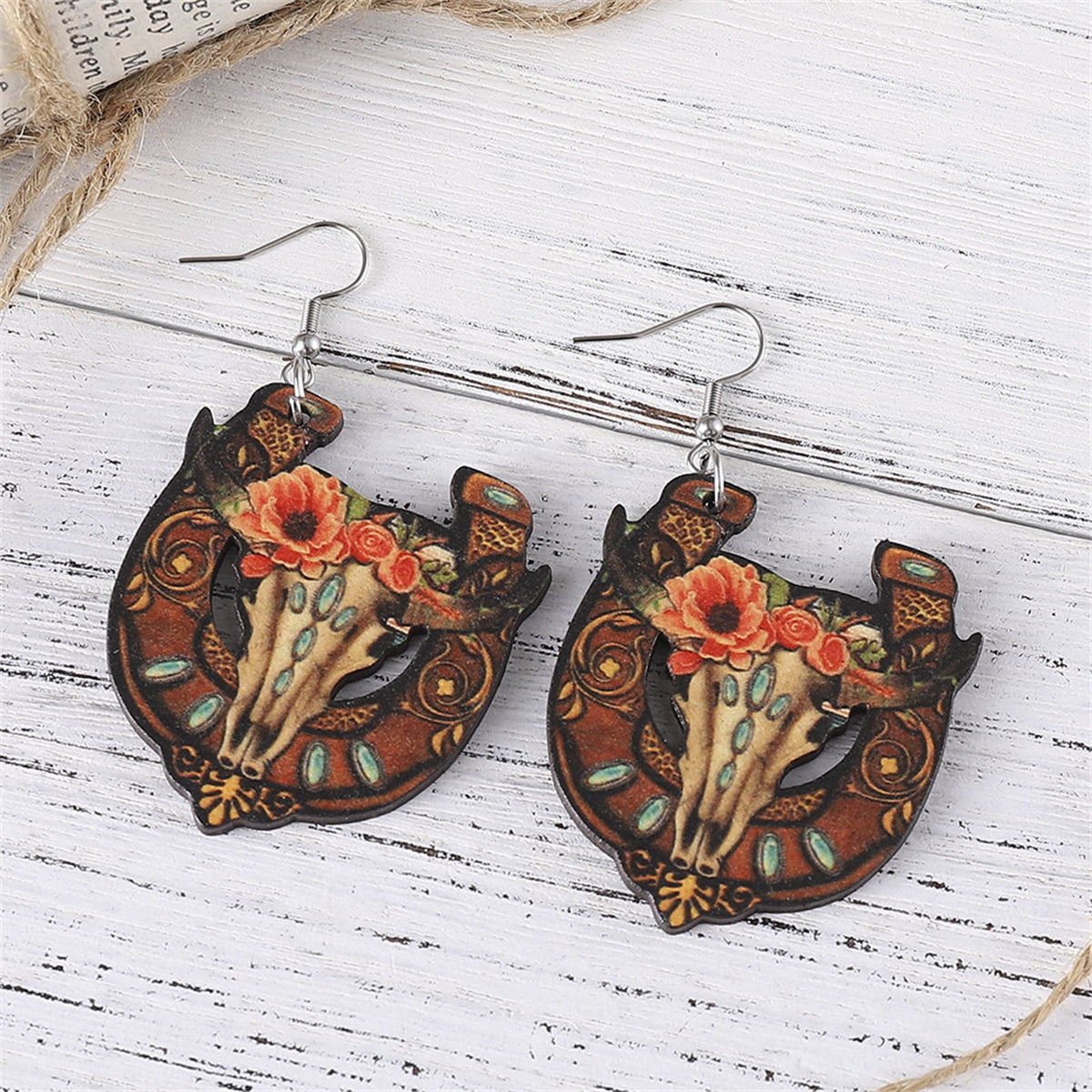 Orange & Brown Horseshoe & Floral Cow Skull Drop Earrings