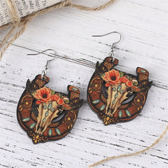 Orange & Brown Horseshoe & Floral Cow Skull Drop Earrings