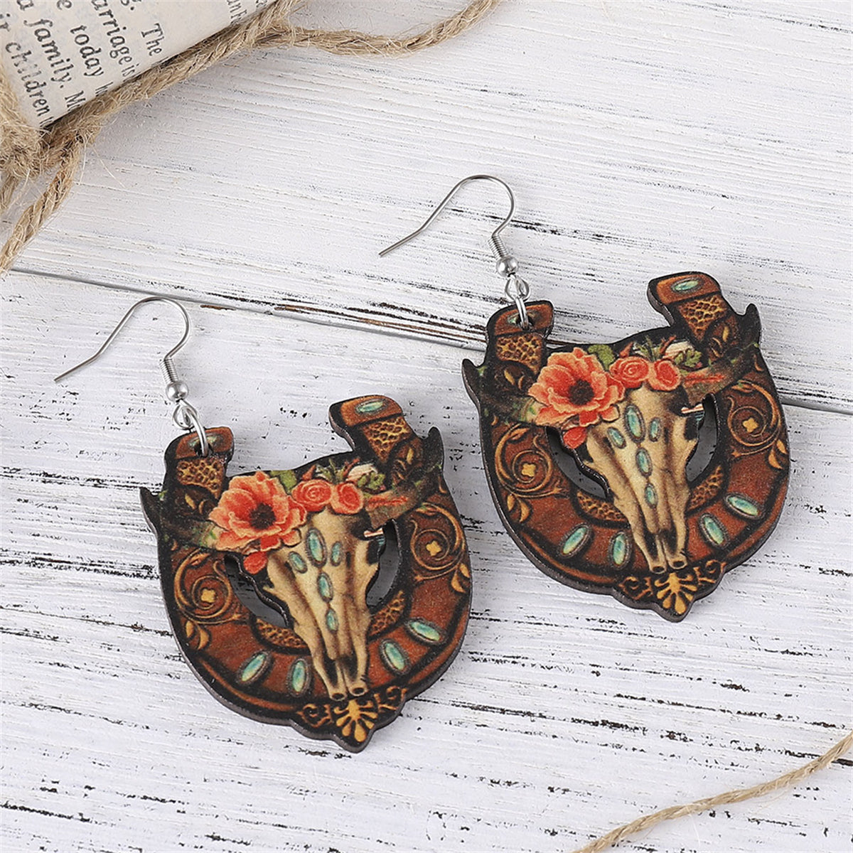 Orange & Brown Horseshoe & Floral Cow Skull Drop Earrings