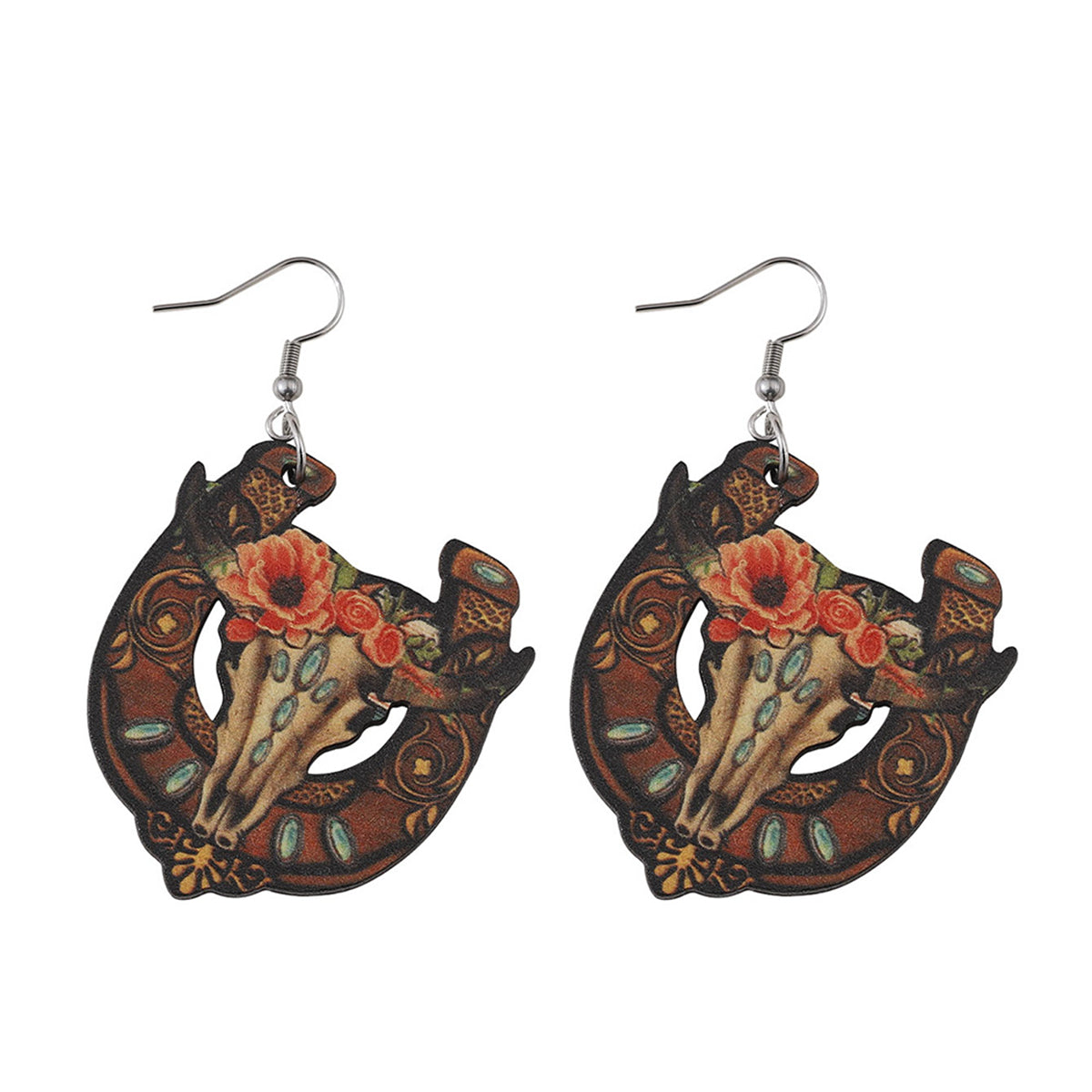 Orange & Brown Horseshoe & Floral Cow Skull Drop Earrings