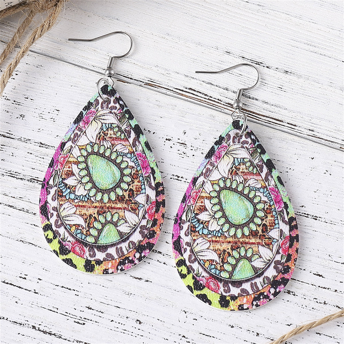 Pink Polystyrene & Silver-Plated Leopard Botanical Drop Earring