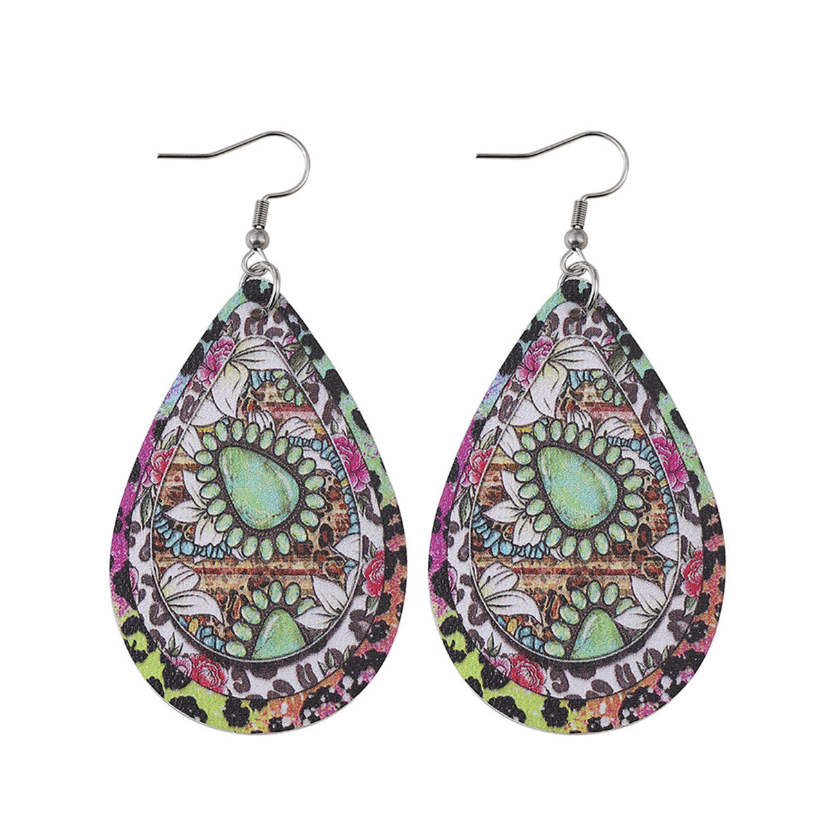 Pink Polystyrene & Silver-Plated Leopard Botanical Drop Earring