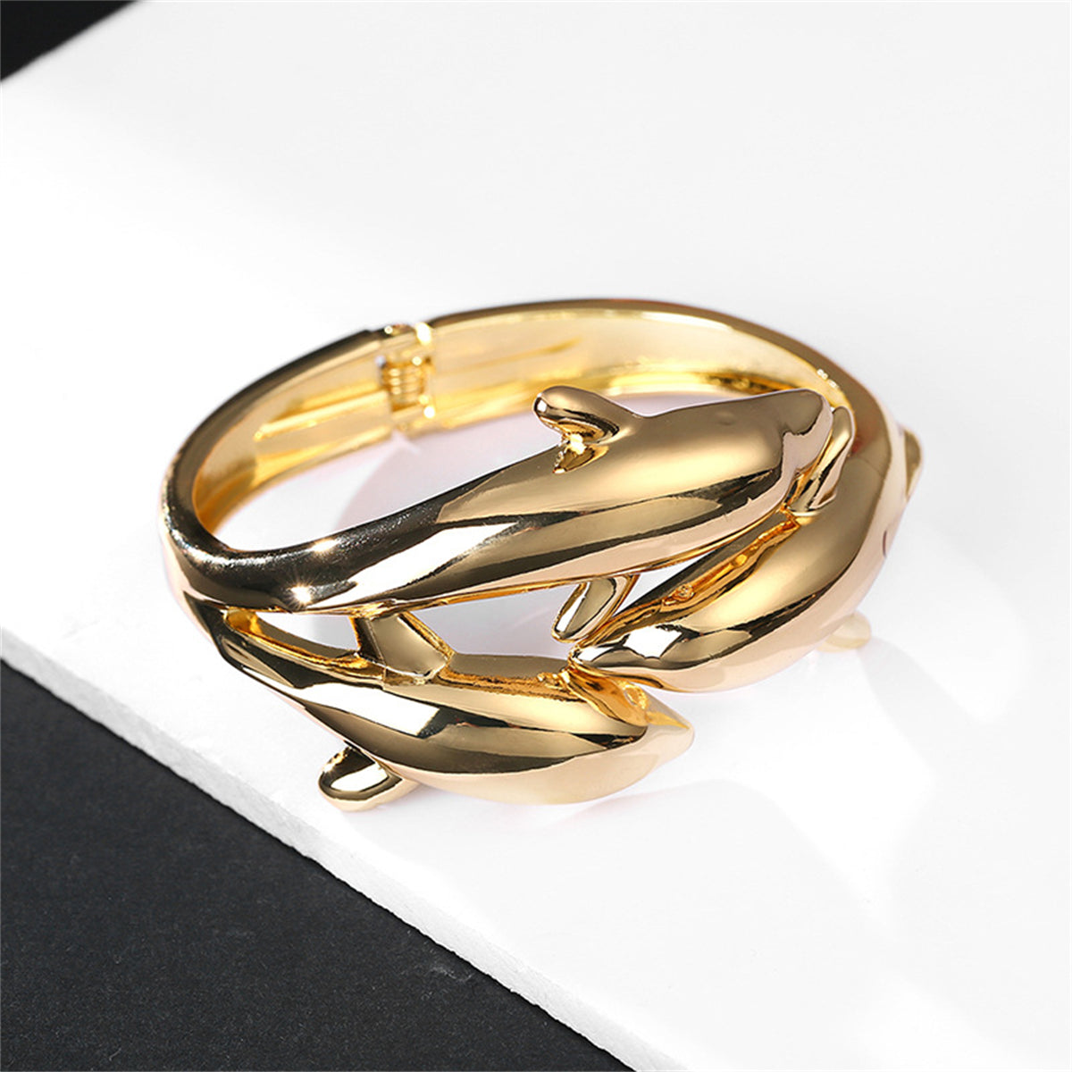 18K Gold-Plated Tri-Dolphin Bypass Bangle