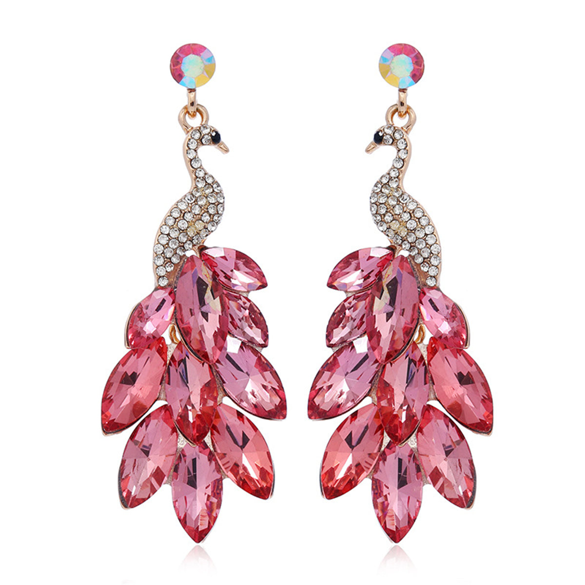 Dark Pink Crystal & Cubic Zirconia Peacock Drop Earrings