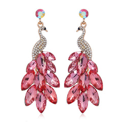 Dark Pink Crystal & Cubic Zirconia Peacock Drop Earrings