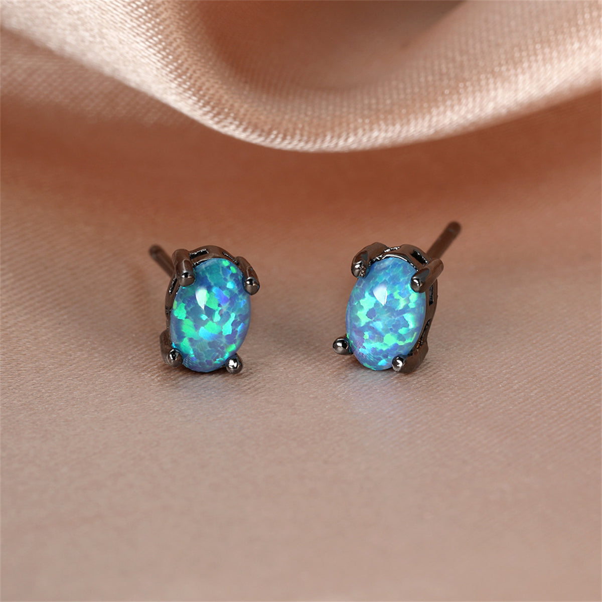 Blue Opal & Black-Tone Oval Stud Earrings