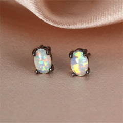 White Opal & Black-Tone Oval Stud Earrings