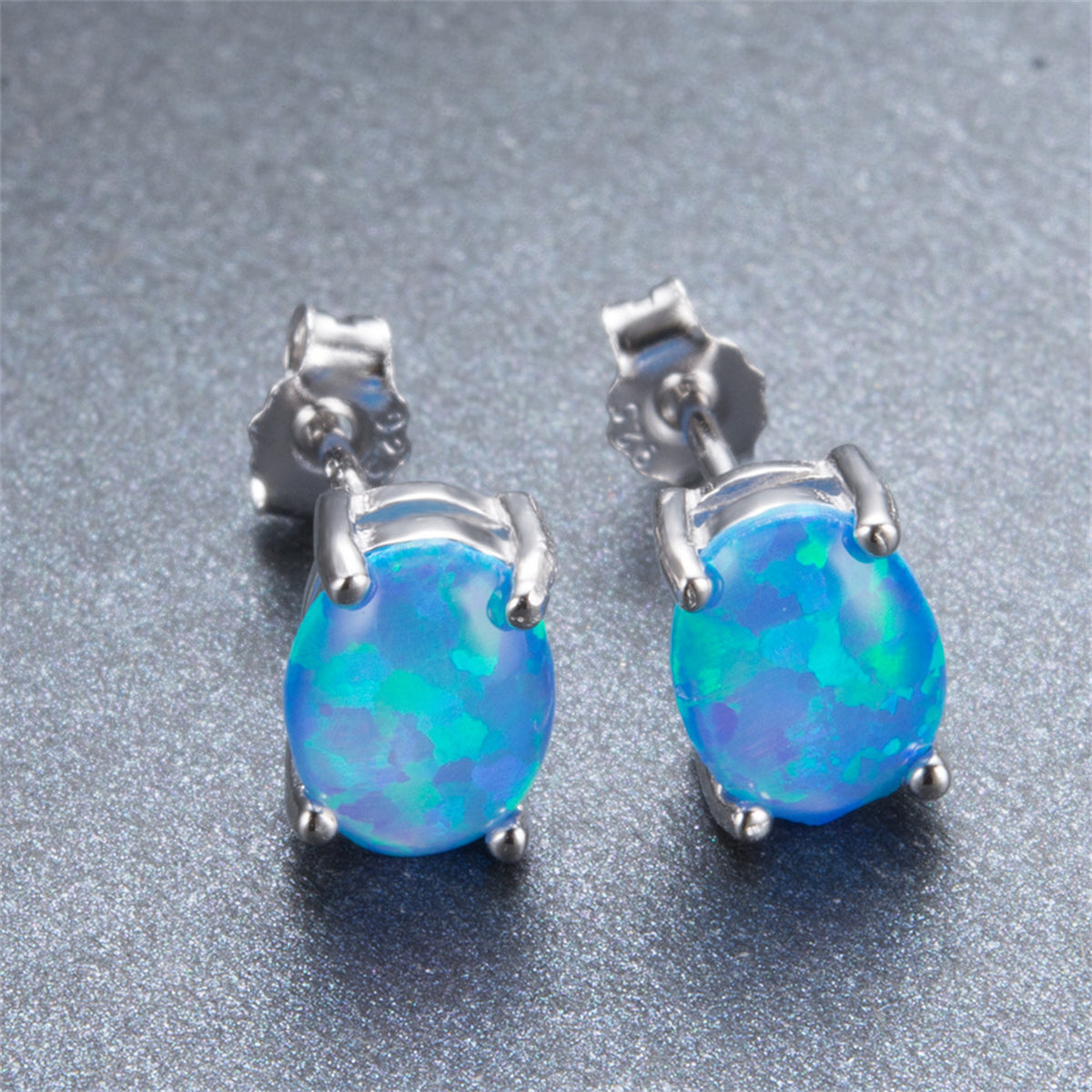 Blue Opal & Silver-Plated Oval Stud Earrings