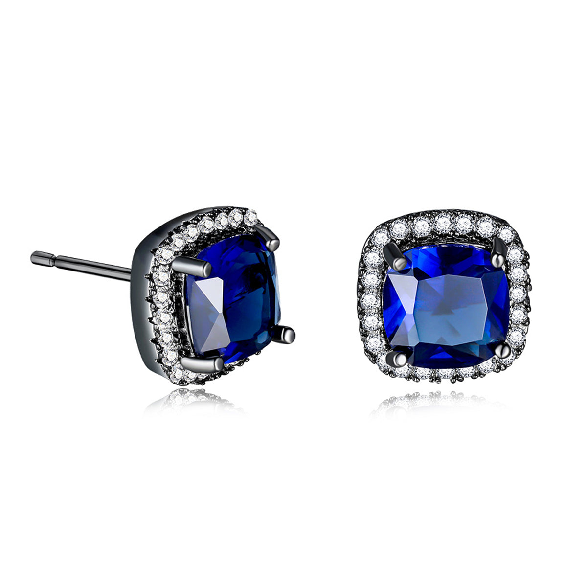 Navy Princess Crystal & Rhodium-Plated Halo Stud Earrings