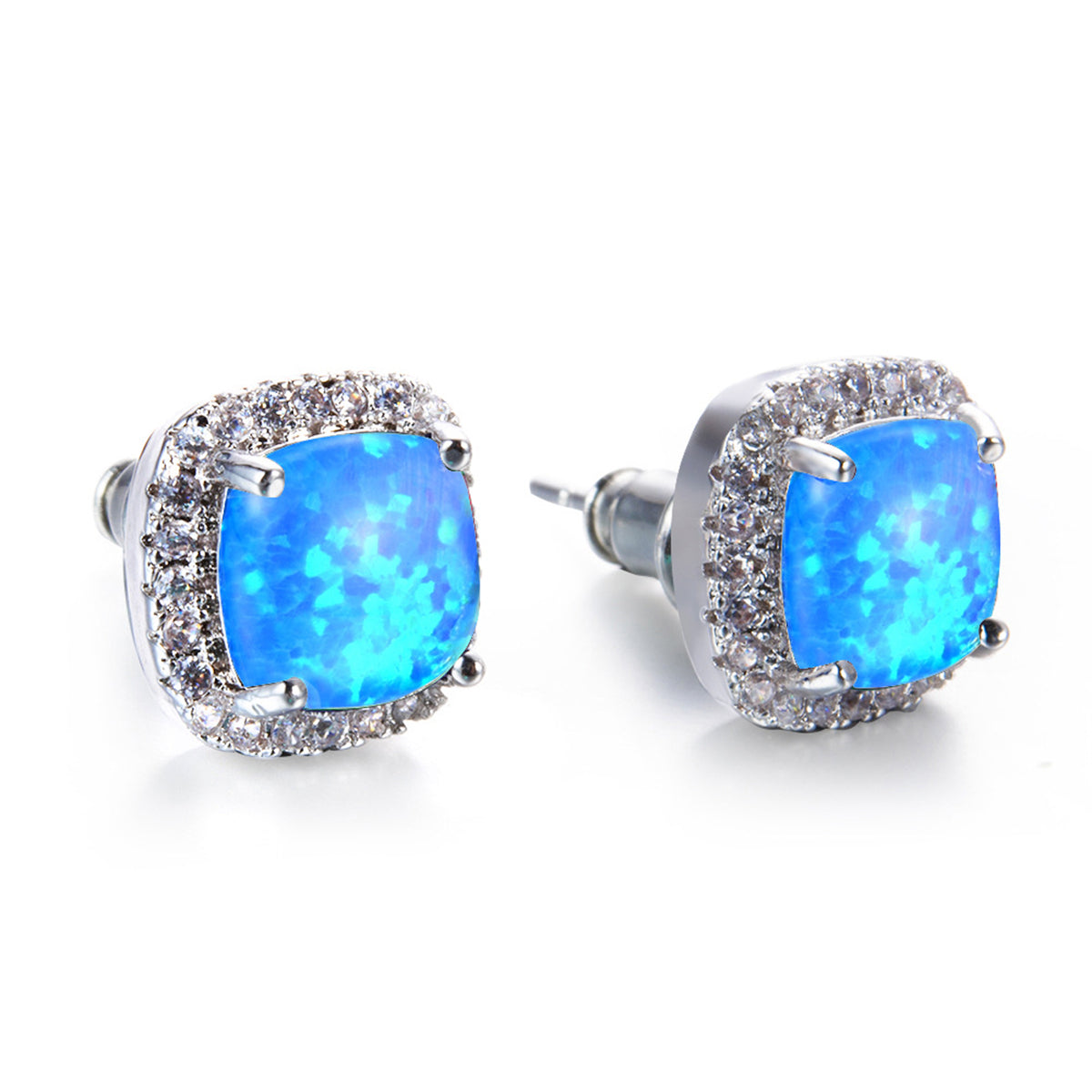 Blue Princess Opal & Cubic Zirconia Silver-Plated Halo Stud Earrings