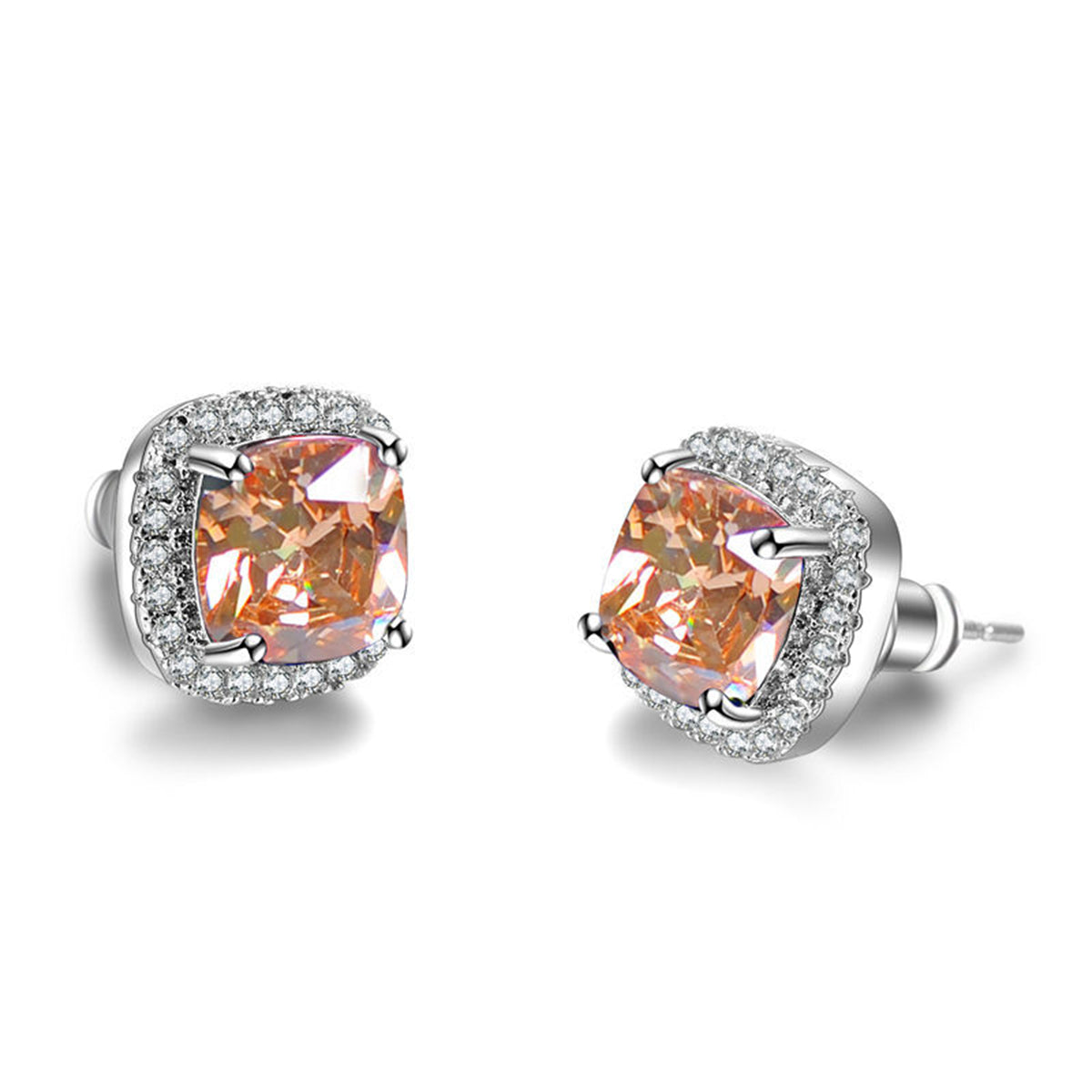 Champagne Princess Crystal & Cubic Zirconia Silver-Plated Halo Stud Earrings