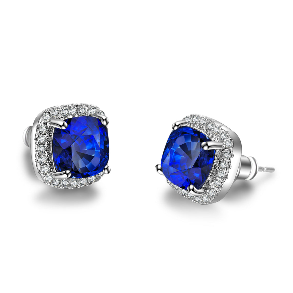 Navy Princess Crystal & Cubic Zirconia Silver-Plated Halo Stud Earrings