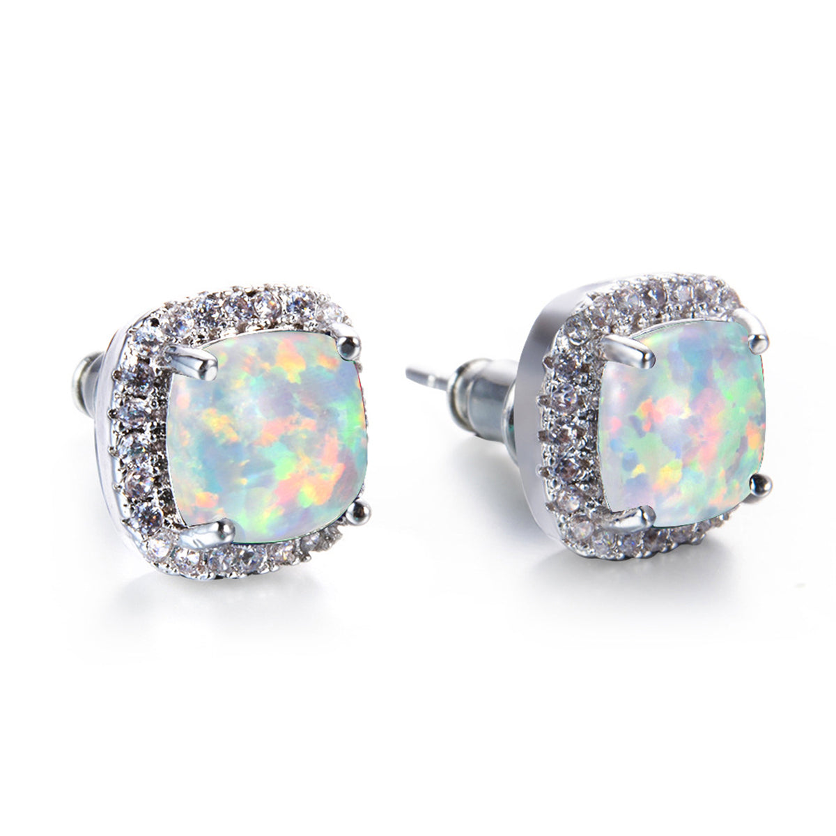 Princess Opal & Cubic Zirconia Silver-Plated Halo Stud Earrings