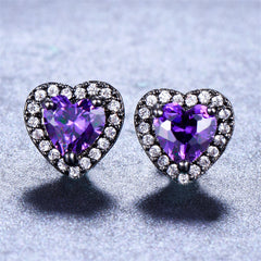 Purple Crystal & Cubic Zirconia Rhodium-Plated Halo Heart Stud Earrings