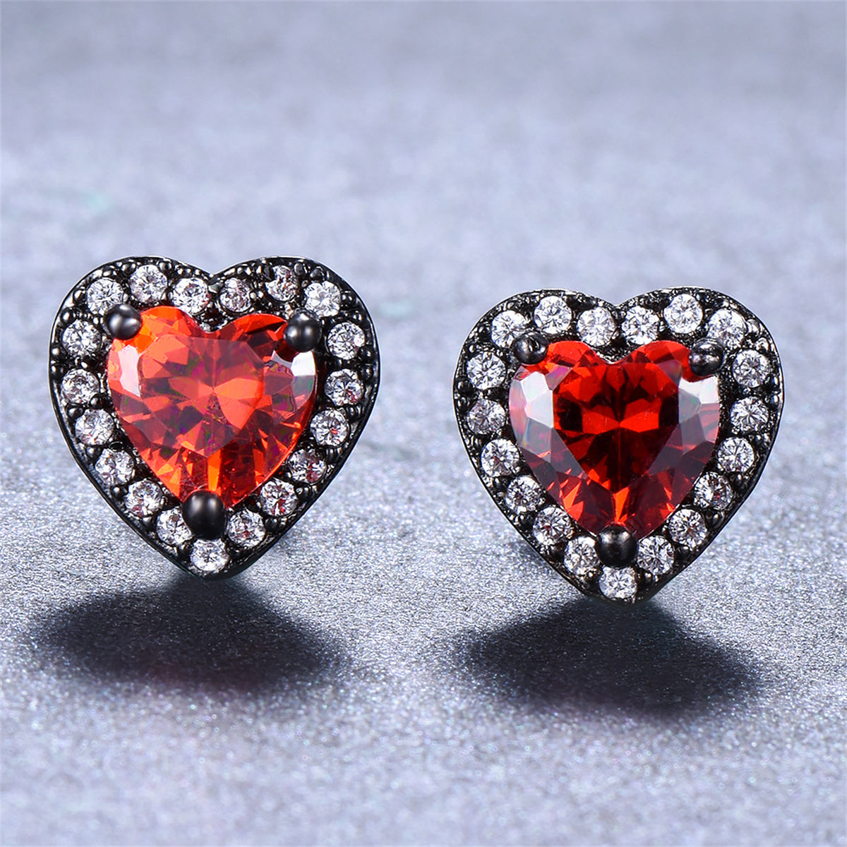 Red Crystal & Cubic Zirconia Rhodium-Plated Halo Heart Stud Earrings