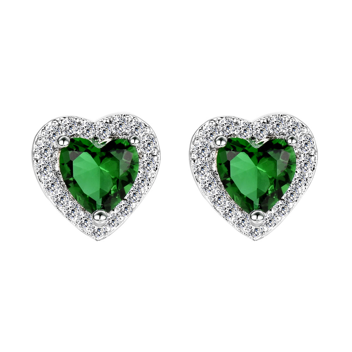 Green Crystal & Cubic Zirconia Silver-Plated Halo Heart Stud Earrings