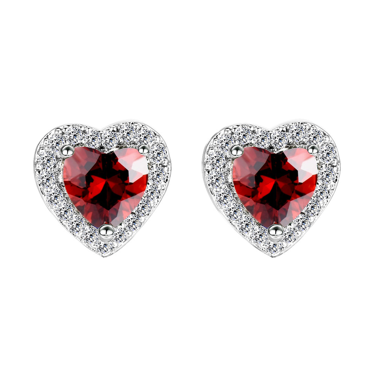 Red Crystal & Cubic Zirconia Silver-Plated Halo Heart Stud Earrings