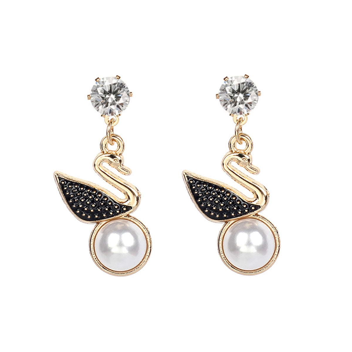 Cubic Zirconia & Pearl 18K Gold-Plated Swan Drop Earring