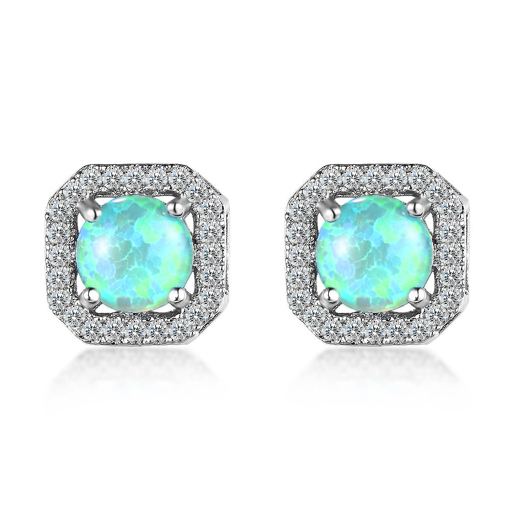 Green Opal & Cubic Zirconia Round Cushion Stud Earrings