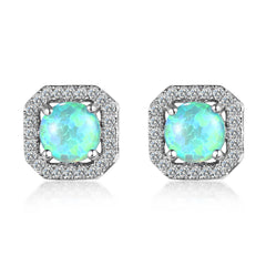 Green Opal & Cubic Zirconia Round Cushion Stud Earrings