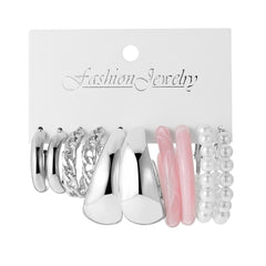 Pink Resin & Pearl Silver-Plated Hoop Earrings Set