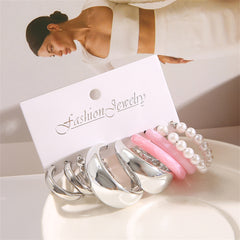 Pink Resin & Pearl Silver-Plated Hoop Earrings Set