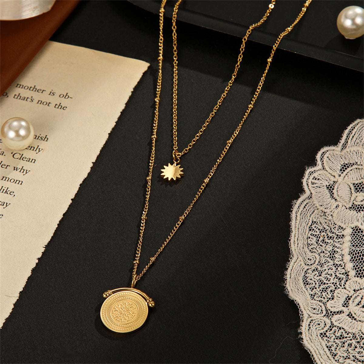 18K Gold-Plated Floral Coin Layered Pendant Necklace