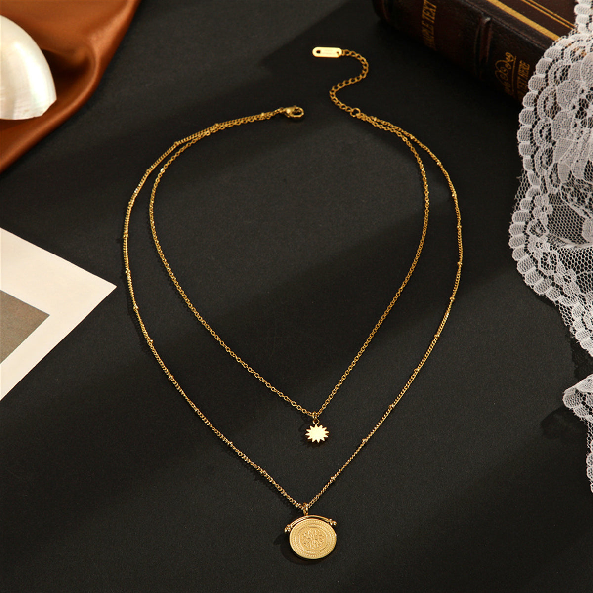 18K Gold-Plated Floral Coin Layered Pendant Necklace