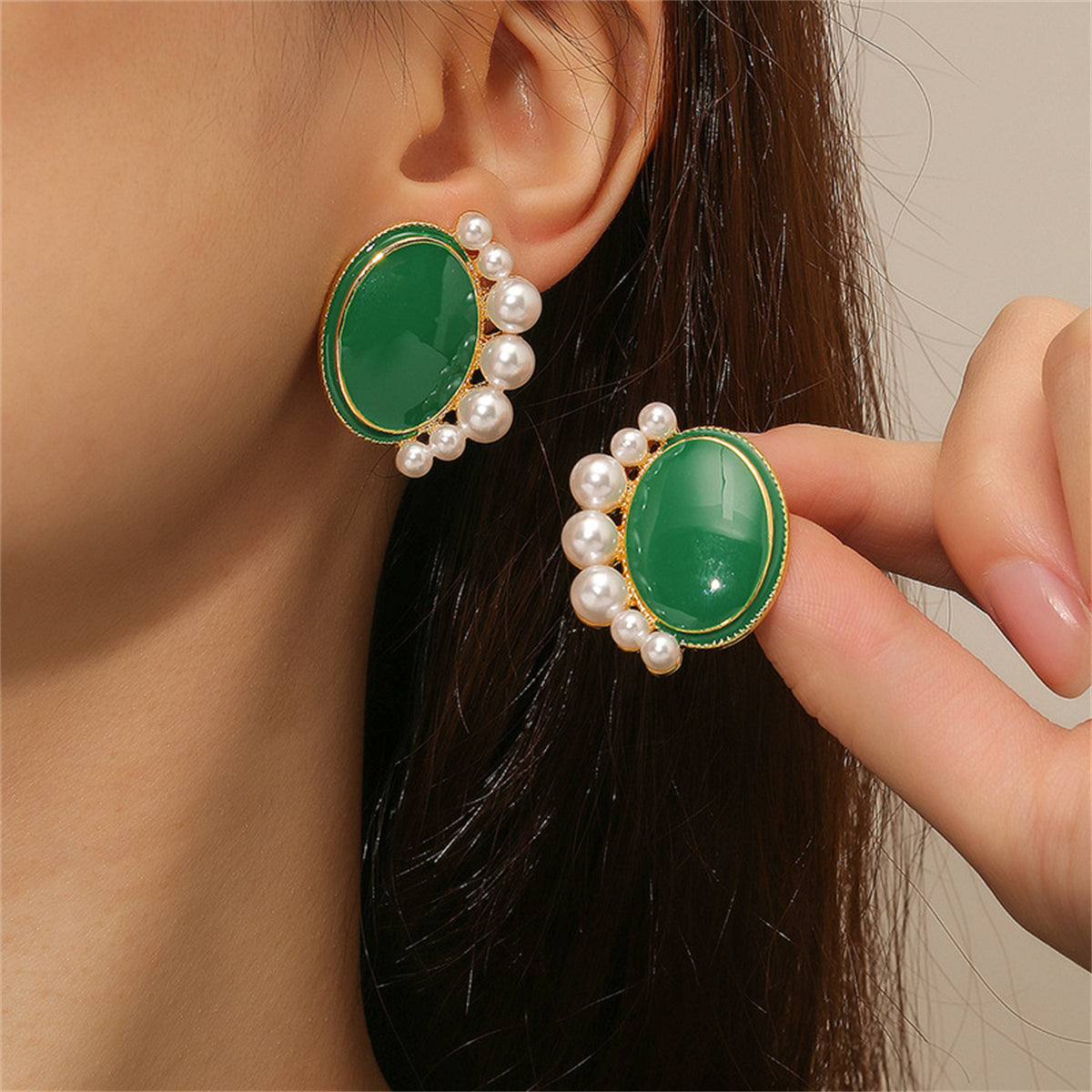 Pearl & Green Enamel 18K Gold-Plated Oval Stud Earrings