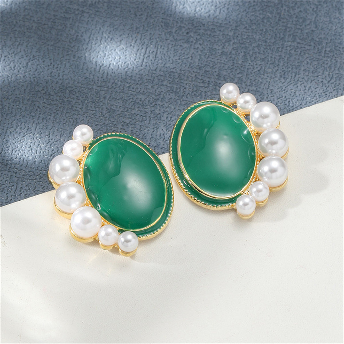 Pearl & Green Enamel 18K Gold-Plated Oval Stud Earrings