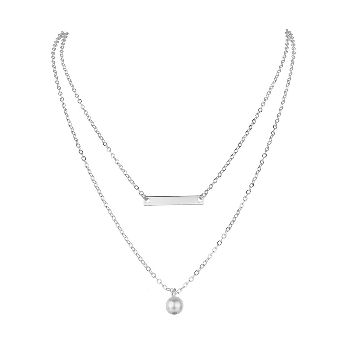 Pearl & Silver-Plated Bar Layered Necklace