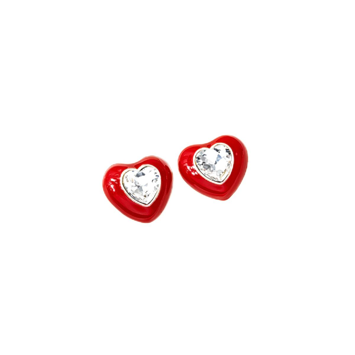 Red Enamel & Crystal 18K Gold-Plated Heart Stud Earrings