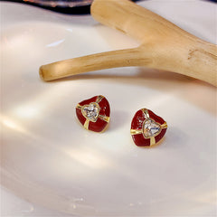 Red Enamel & Crystal Heart Stud Earrings