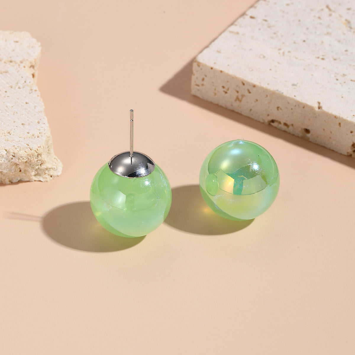 Green Resin & Silver-Plated Round Stud Earrings