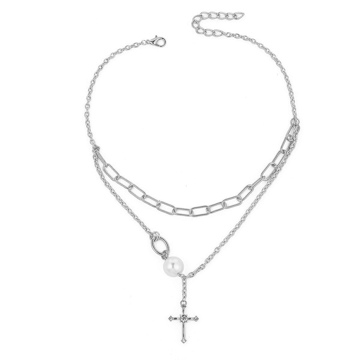 Pearl & Cubic Zirconia Cross Layered Pendant Necklace