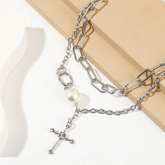 Pearl & Cubic Zirconia Cross Layered Pendant Necklace