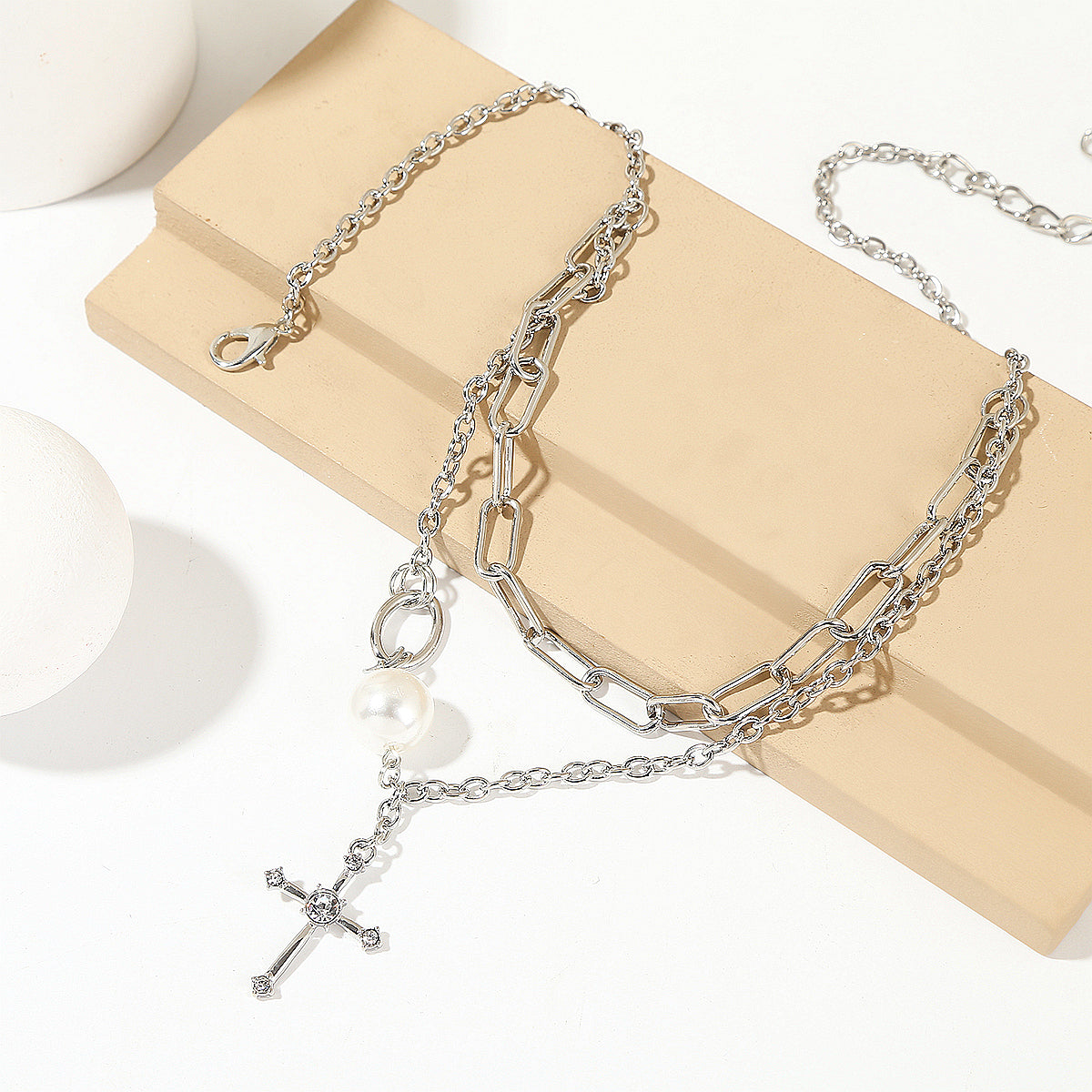 Pearl & Cubic Zirconia Cross Layered Pendant Necklace