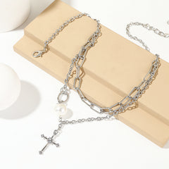 Pearl & Cubic Zirconia Cross Layered Pendant Necklace