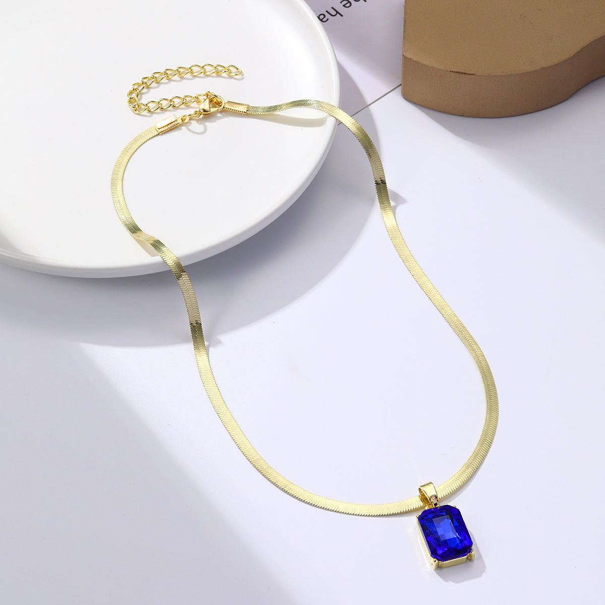 Blue Crystal & 18K Gold-Plated Herringbone Chain Pendant Necklace