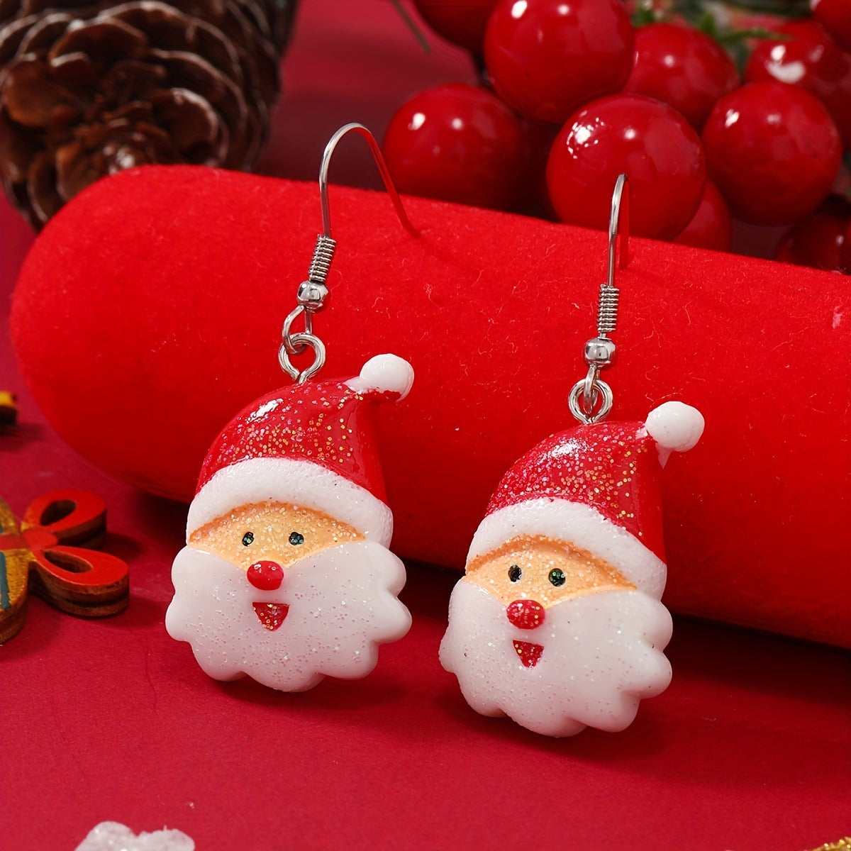 Red Acrylic & Silver-Plated Glitter Santa Drop Earrings