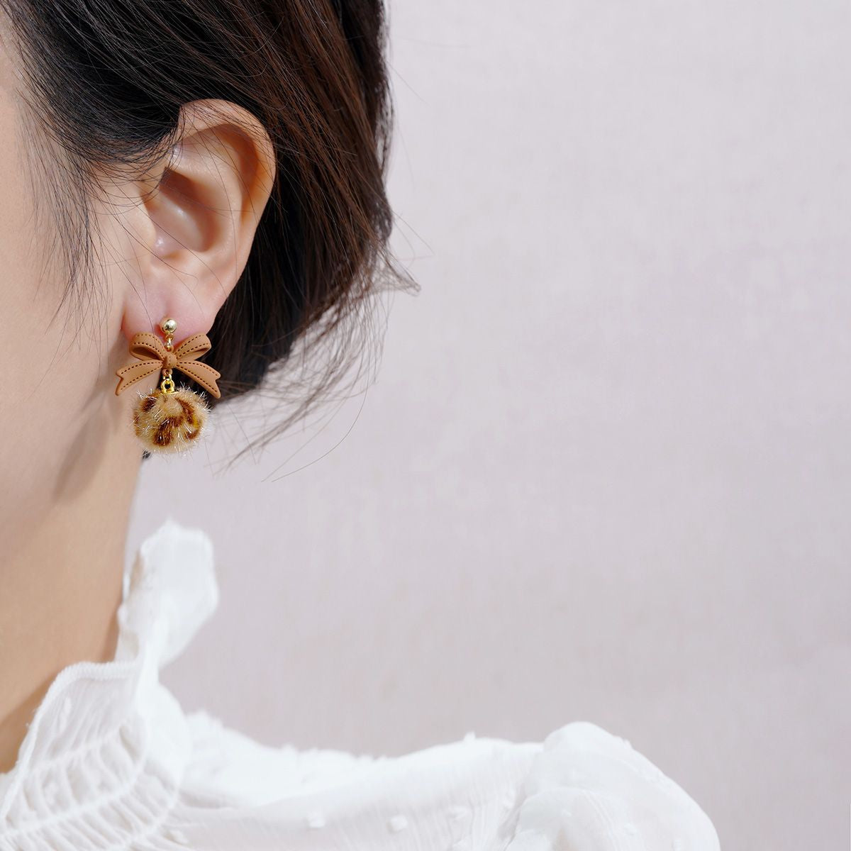 Light Coffee Enamel & Pom-Pom 18K Gold-Plated Leopard Bow Ball Drop Earrings