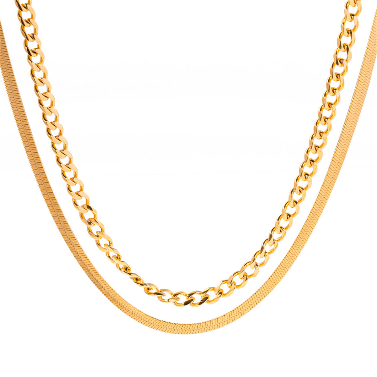 Beautifully crafted 18K gold-plated necklace with two linked chains, combining curb and snake styles for a trendy appeal.