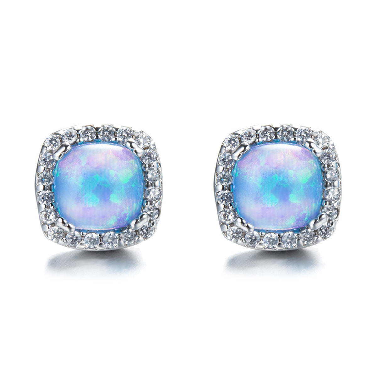 Blue Opal & Cubic Zirconia Square Halo Stud Earrings