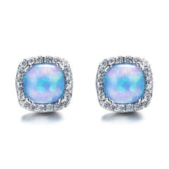 Blue Opal & Cubic Zirconia Square Halo Stud Earrings