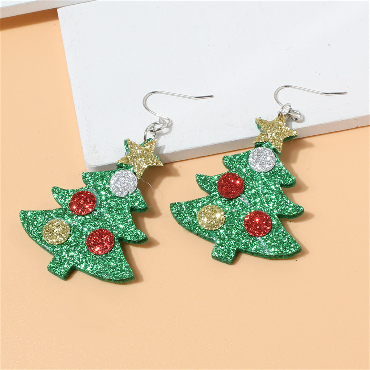 Green Polystyrene & Silver-Plated Glitter Holiday Tree Drop Earrings